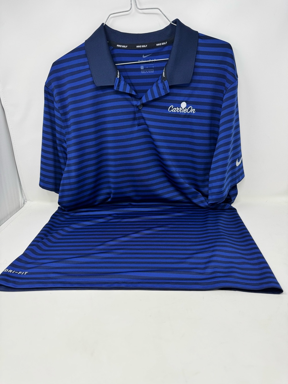 Nike Blue and Navy Striped Dri-FIT Golf Polo with carrier one logo Sz L preowned